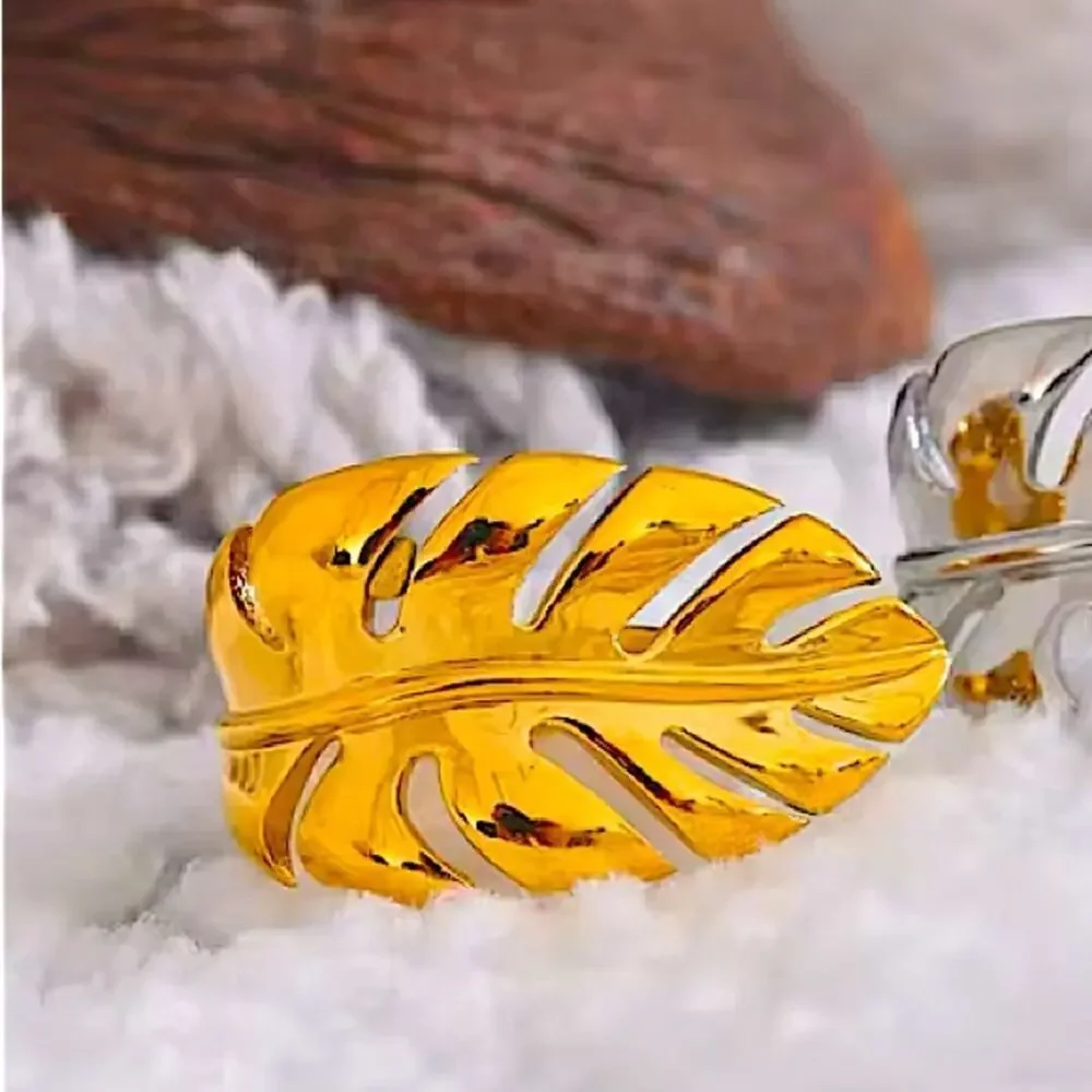 Gold Feather Leaf Leaves Ring Adjustable Stainless Steel Gold Plated